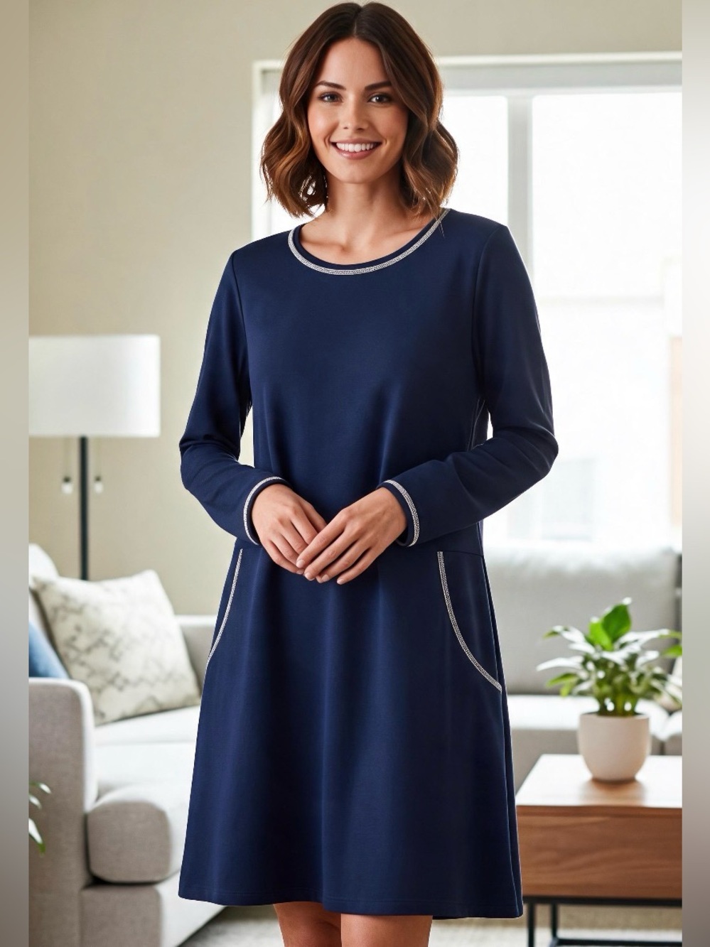 Spartina Women's Navy Blue Long Sleeve Elegant Cotton A-Line Dress Size XL